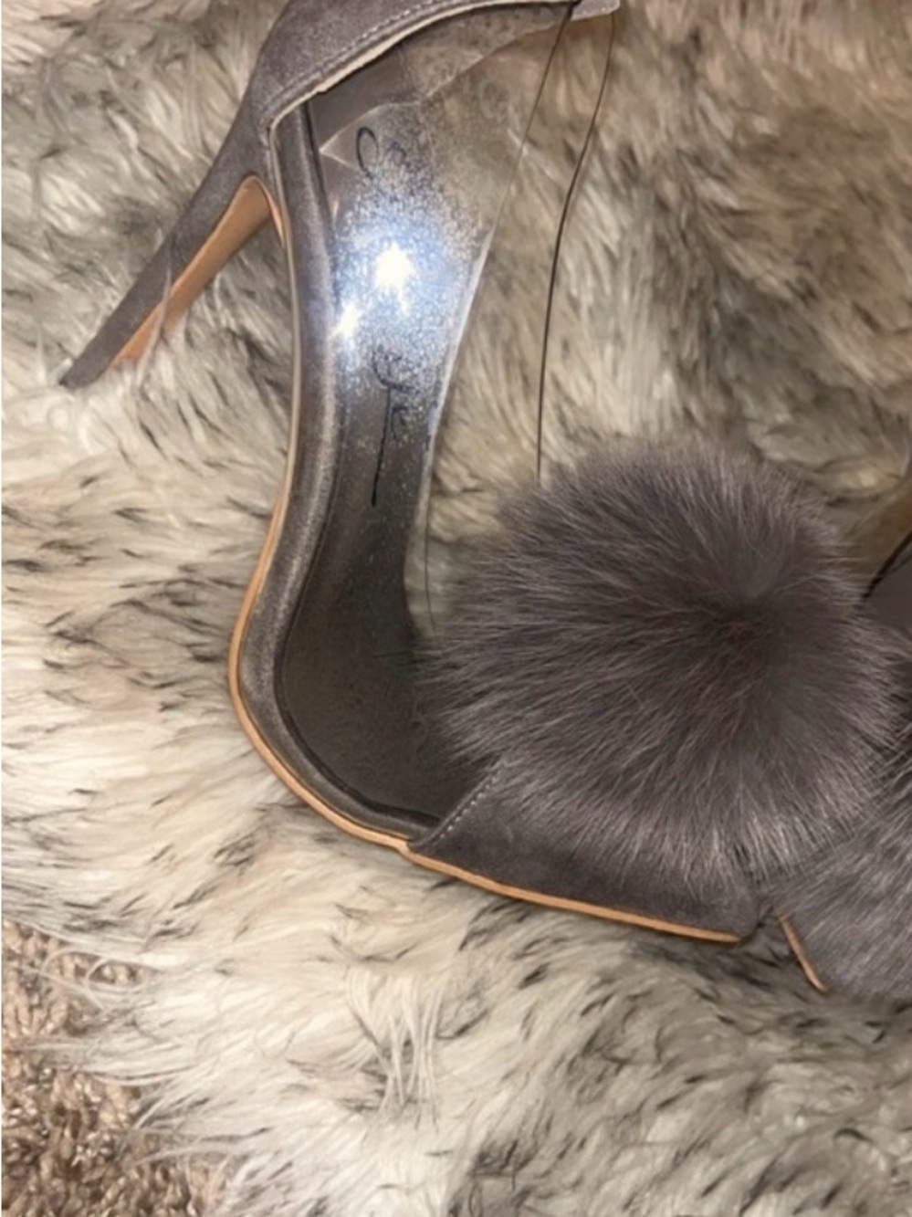Fashion Nova Gray Pom-Pom Stiletto Heels